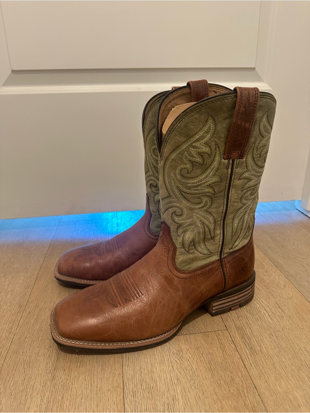 Ariat Brown Leather Foot with Olive Embroidered Shaft Western Boots
